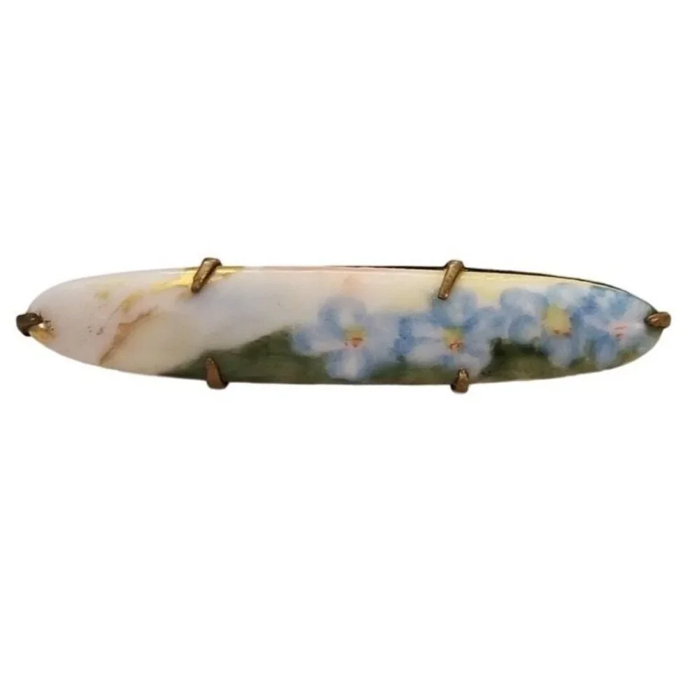 Blue Flower Oval Victorian Style Porcelain Bar Pin Brooch L55